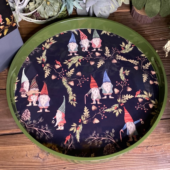 Pottery Barn Black and Green Whimsical Forest Gnome Handcrafted Serving Tray - Picture 2 of 16